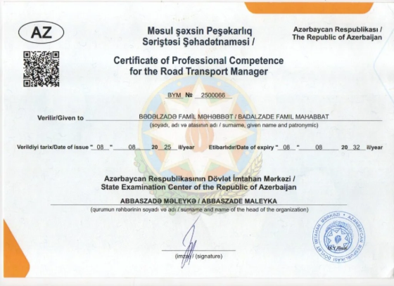 Məsul şəxsin Peşəkarlıq Səriştəsi Şəhadətnaməsi / Certificate of Professional Competence for the Road Transport Manager