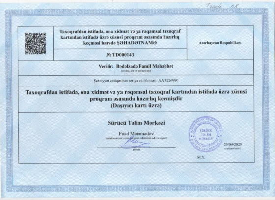 Taxoqrafdan istifadə üzrə xüsusi proqram əsasında hazırlıq keçmişdir — şəhadətnamə